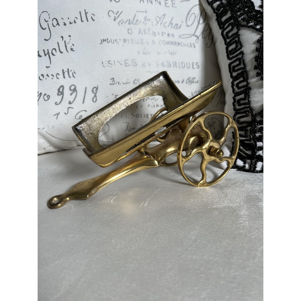 Vintage Brass Wheeled Wine Bottle Holder Trivet Stand‎ Rolling Decor Wheelbarrow